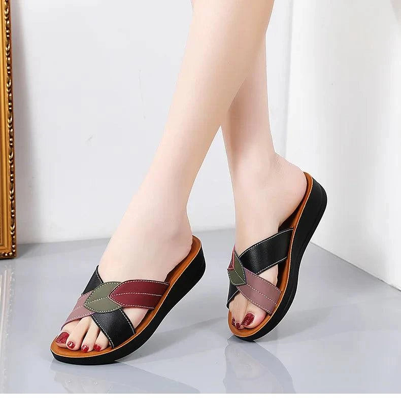 Slippers Women Leather Shoes Wedges Open Toe Casual Anti Slippery Slides Fashion Outside Beach Leaf Shaped Sandals 43 Sizes - Trendy Hati