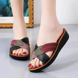 Slippers Women Leather Shoes Wedges Open Toe Casual Anti Slippery Slides Fashion Outside Beach Leaf Shaped Sandals 43 Sizes - Trendy Hati