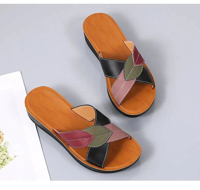 Slippers Women Leather Shoes Wedges Open Toe Casual Anti Slippery Slides Fashion Outside Beach Leaf Shaped Sandals 43 Sizes - Trendy Hati