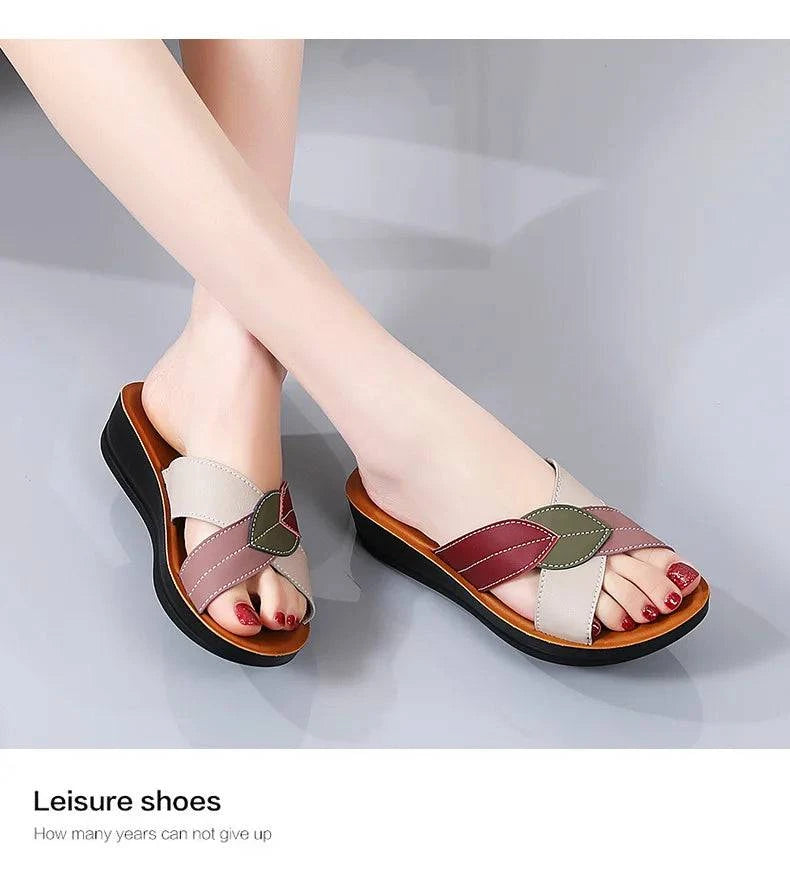 Slippers Women Leather Shoes Wedges Open Toe Casual Anti Slippery Slides Fashion Outside Beach Leaf Shaped Sandals 43 Sizes - Trendy Hati