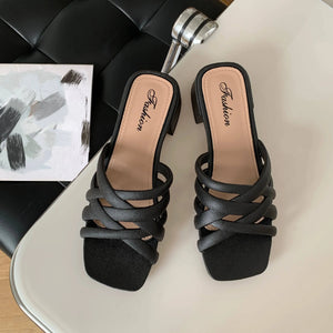 Women Fashion Summer PVC Outside To Wear Mid-Heel Slippers Casual Beach New Thick Heel Sandals Hollow Women's Shoes - Trendy Hati