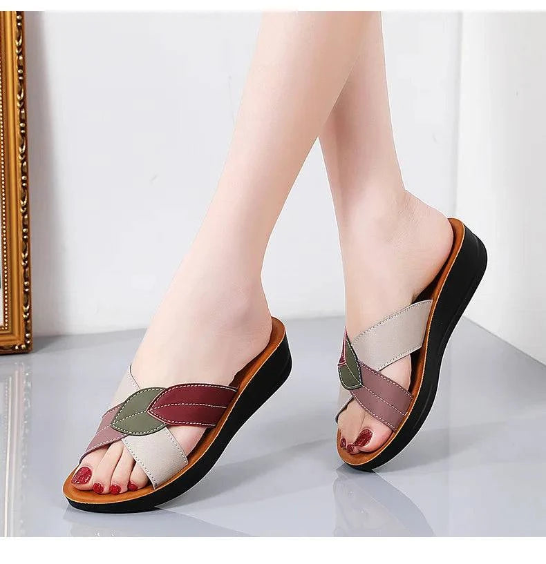 Slippers Women Leather Shoes Wedges Open Toe Casual Anti Slippery Slides Fashion Outside Beach Leaf Shaped Sandals 43 Sizes - Trendy Hati