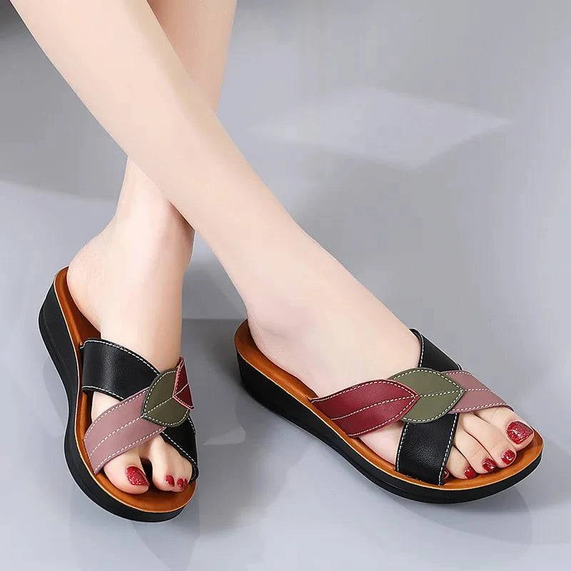 Slippers Women Leather Shoes Wedges Open Toe Casual Anti Slippery Slides Fashion Outside Beach Leaf Shaped Sandals 43 Sizes - Trendy Hati