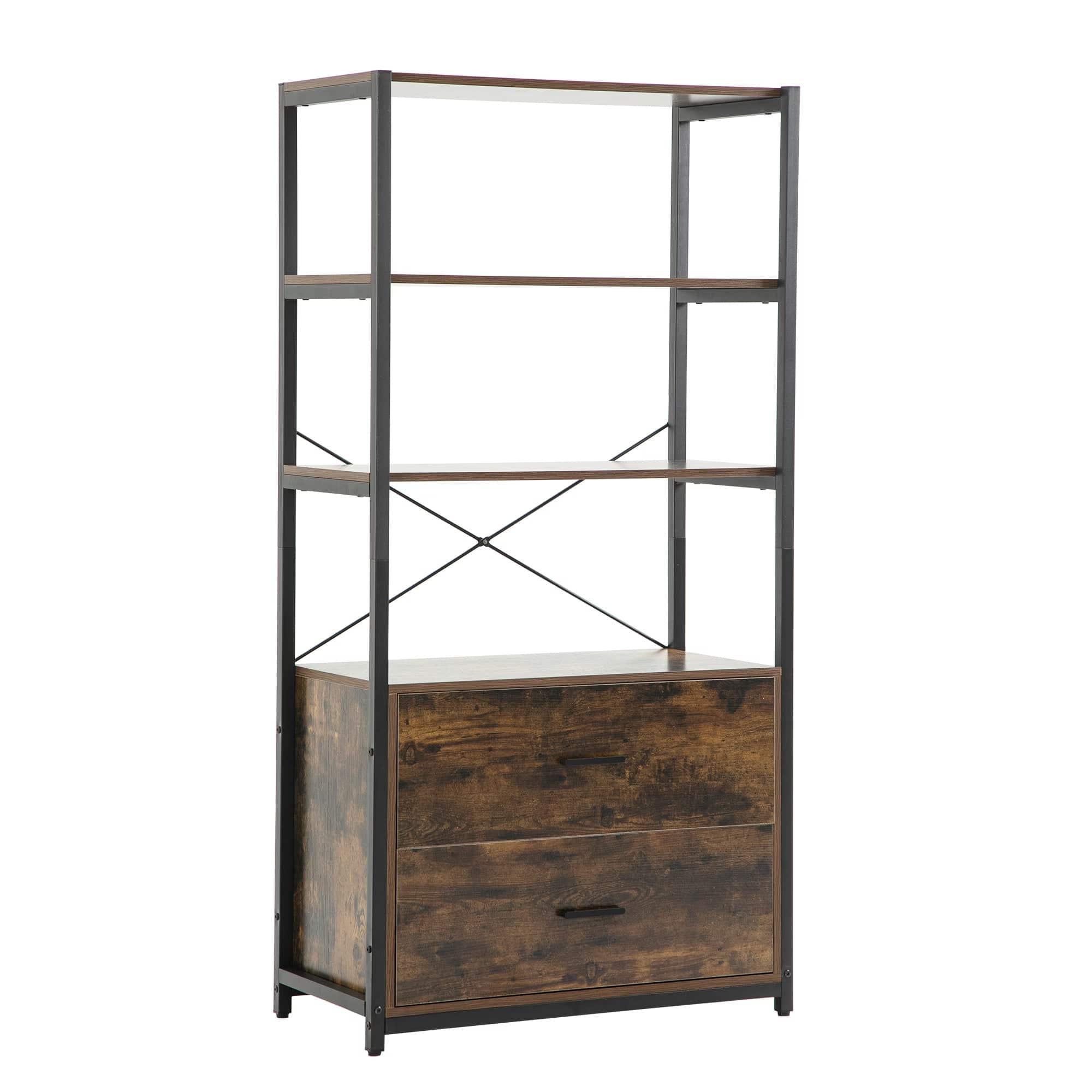 Industrial Bookcase With File Cabinet Drawers, 62.7 In Tall Bookshelf 4 Tier, Freestanding Storage Home Office Cabinet Organizer, Rustic Home Decor, Vintage Brown - Trendy Hati