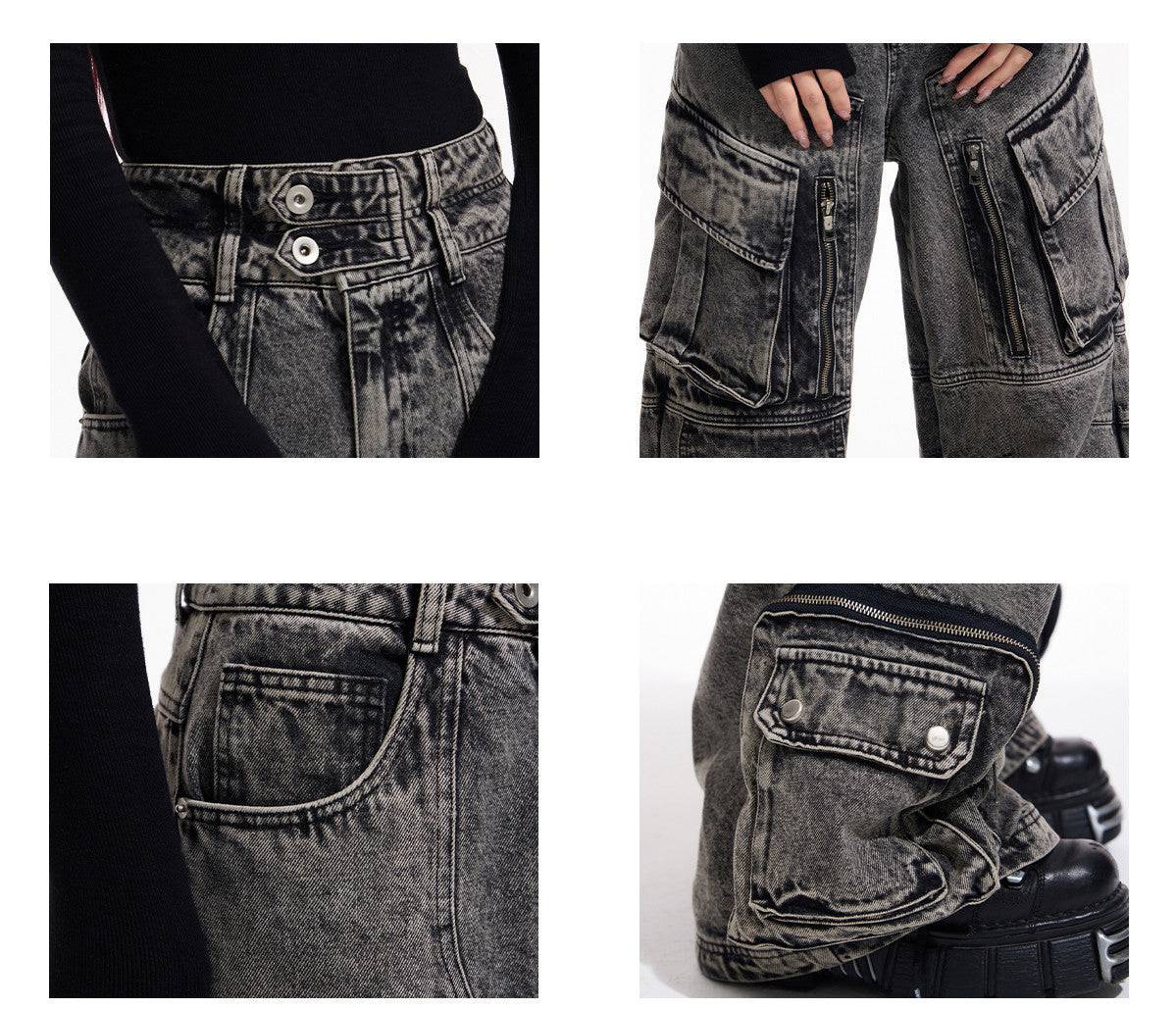 Design Retro Work Style Multi Pocket Jeans - Trendy Hati