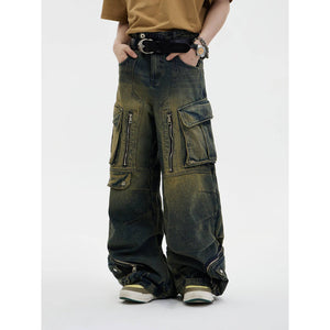 Design Retro Work Style Multi Pocket Jeans - Trendy Hati